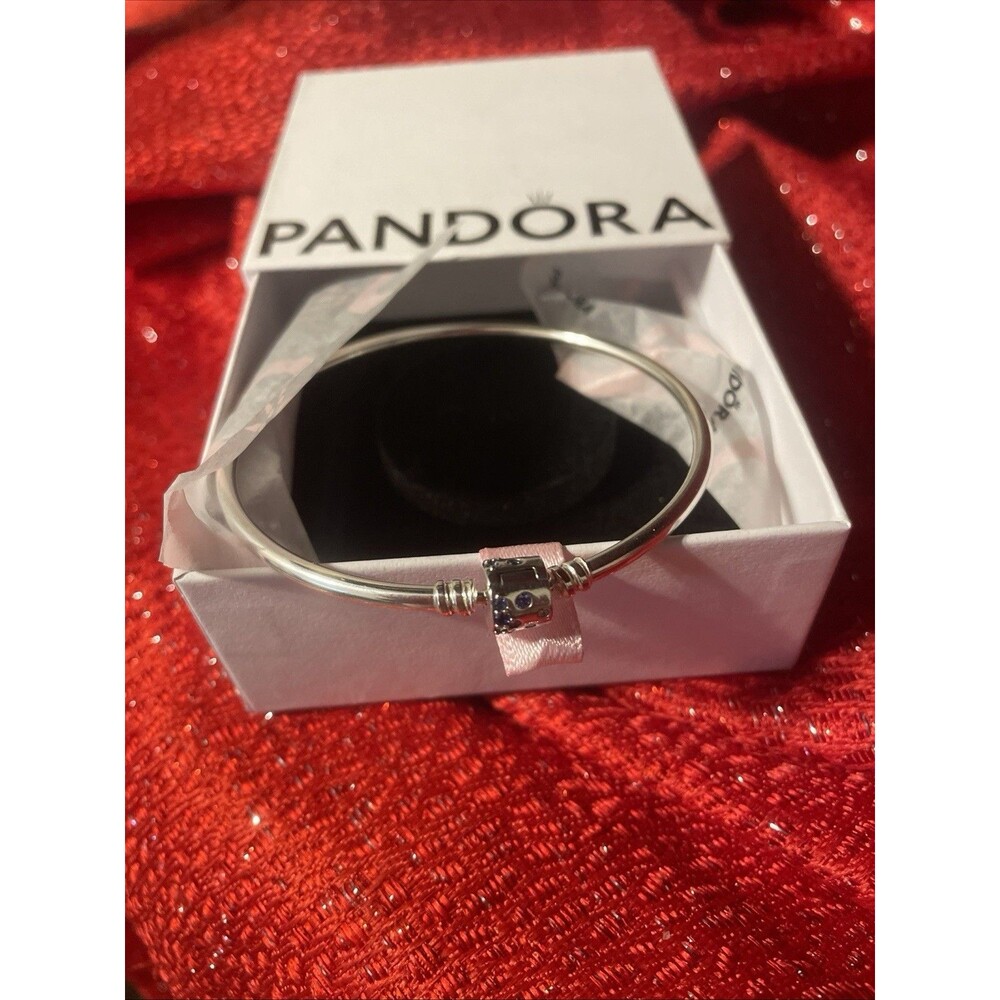 New 100% Authentic PANDORA 925 Blue Sparkle Barrel Clasp Charm Bangle 8.3
